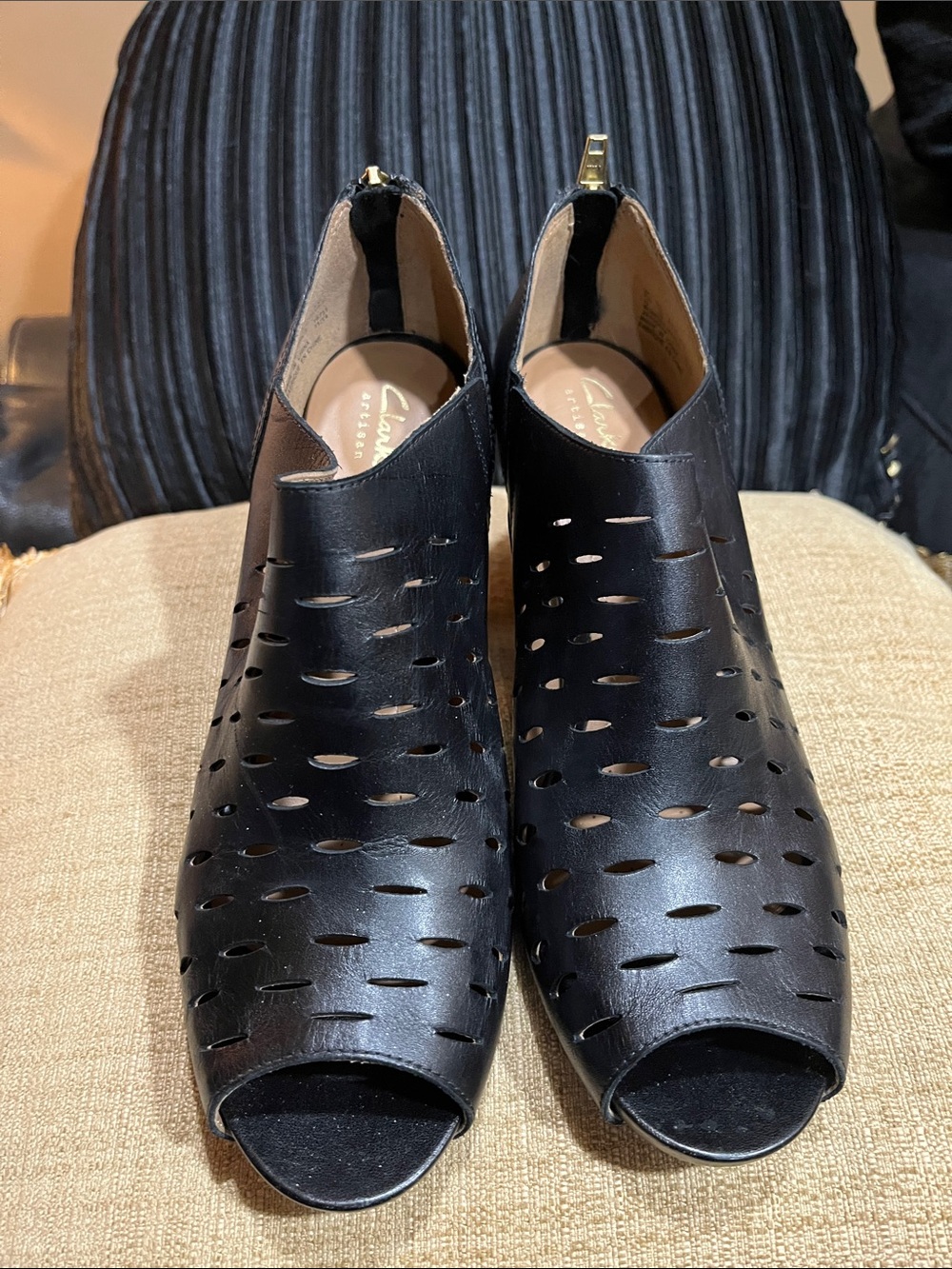 Clarks Black Perforated Peep-Toe Mules
